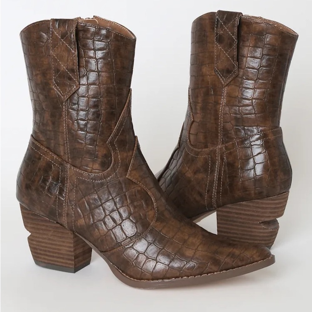 Matisse Brown Croc-Embossed Western Block-Heel Boots